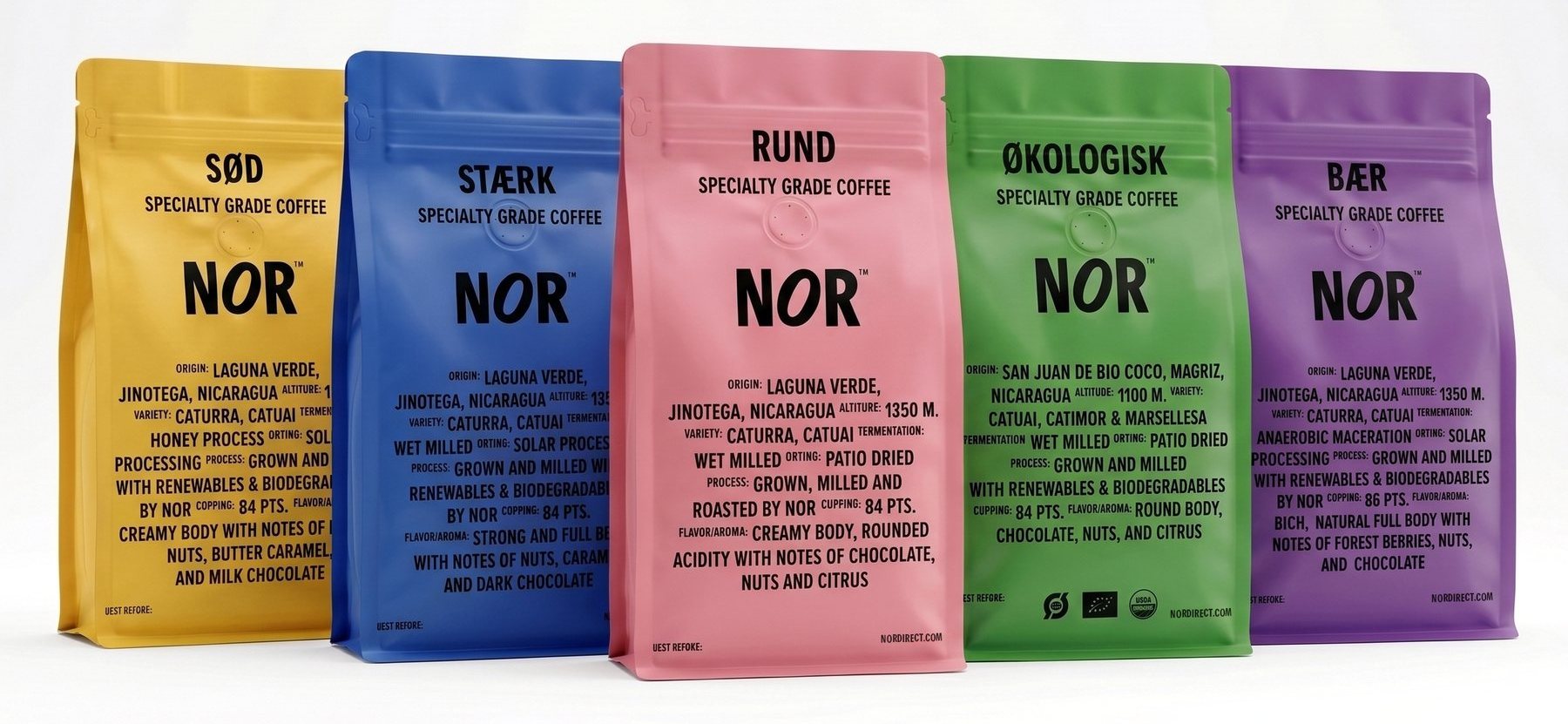 NORs fem kaffer: Rund, Stærk, Sød, Bær og Økologisk